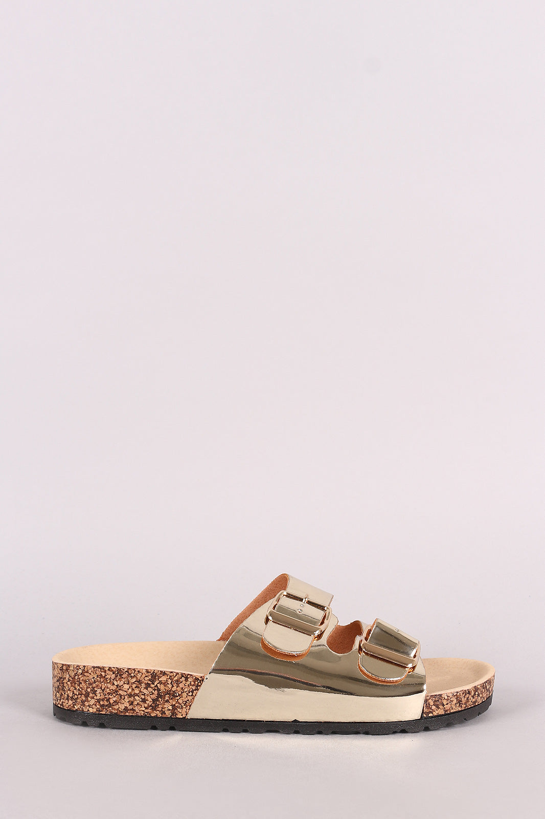 Bamboo Metallic Patent Open Toe Buckled Cork Slide Sandal