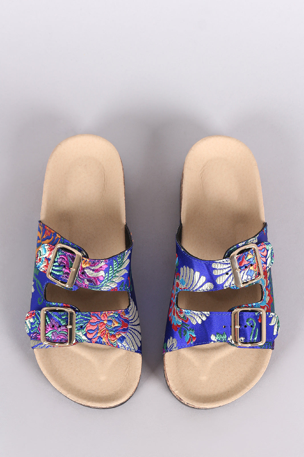 Bamboo Satin Floral Brocade Buckled Cork Slide Sandal