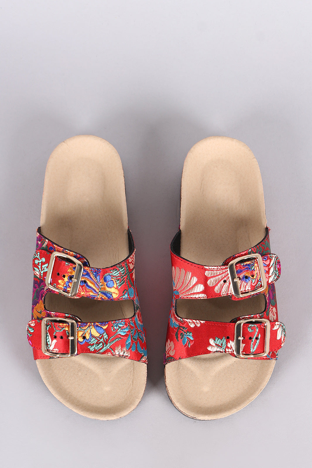 Bamboo Satin Floral Brocade Buckled Cork Slide Sandal