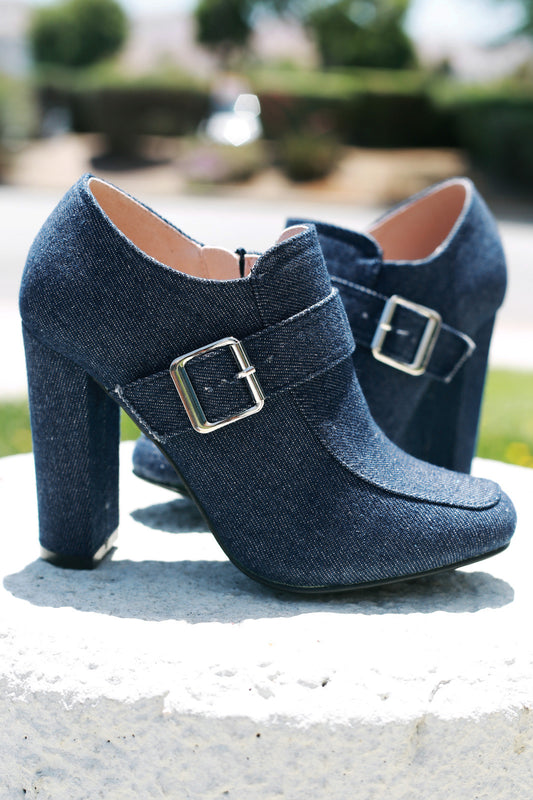 Buckle Accent Denim Chunky Heeled Booties