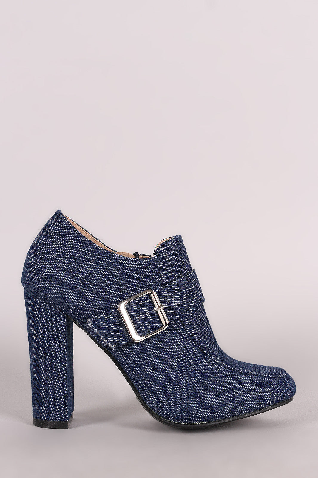Buckle Accent Denim Chunky Heeled Booties