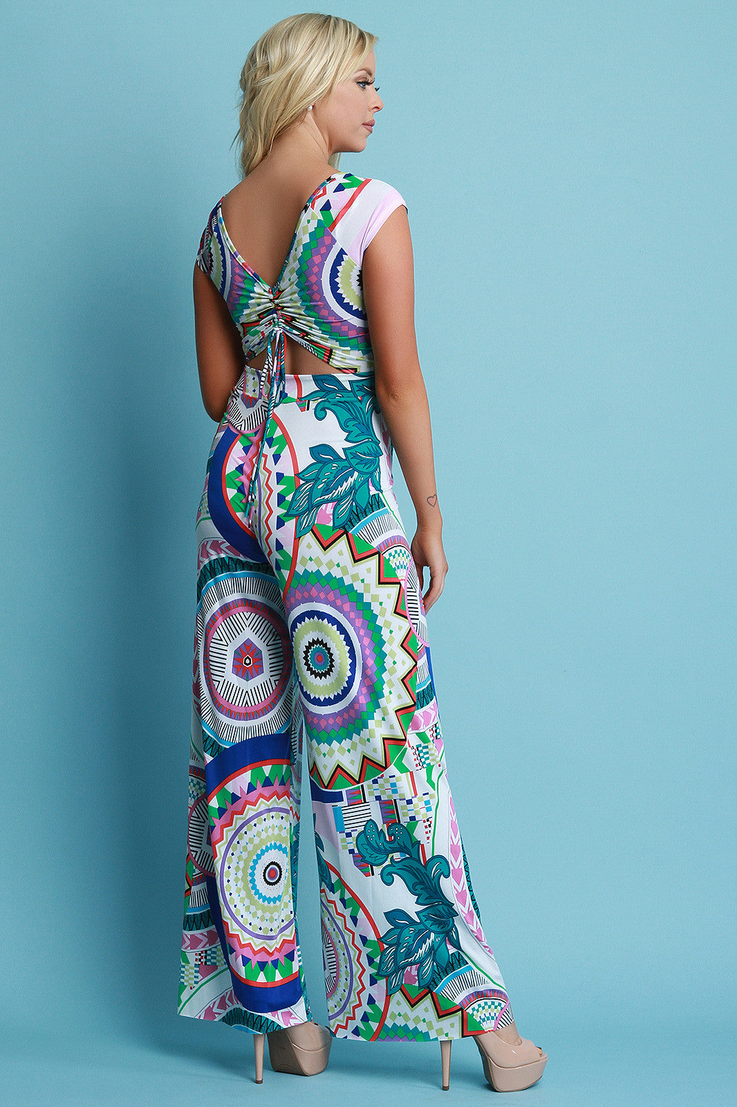 Bohemian Round Print Butterfly Back Palazzo Jumpsuit
