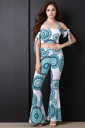 Bohemian Wheel Cold Shoulder Flare Pants Set