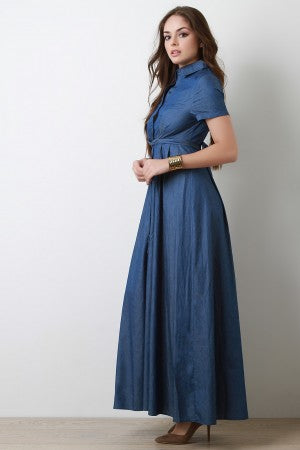 Button-Up Waist Tied Denim Maxi Dress