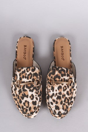 Bamboo Suede Leopard Horsebit Slip On Mule Flat