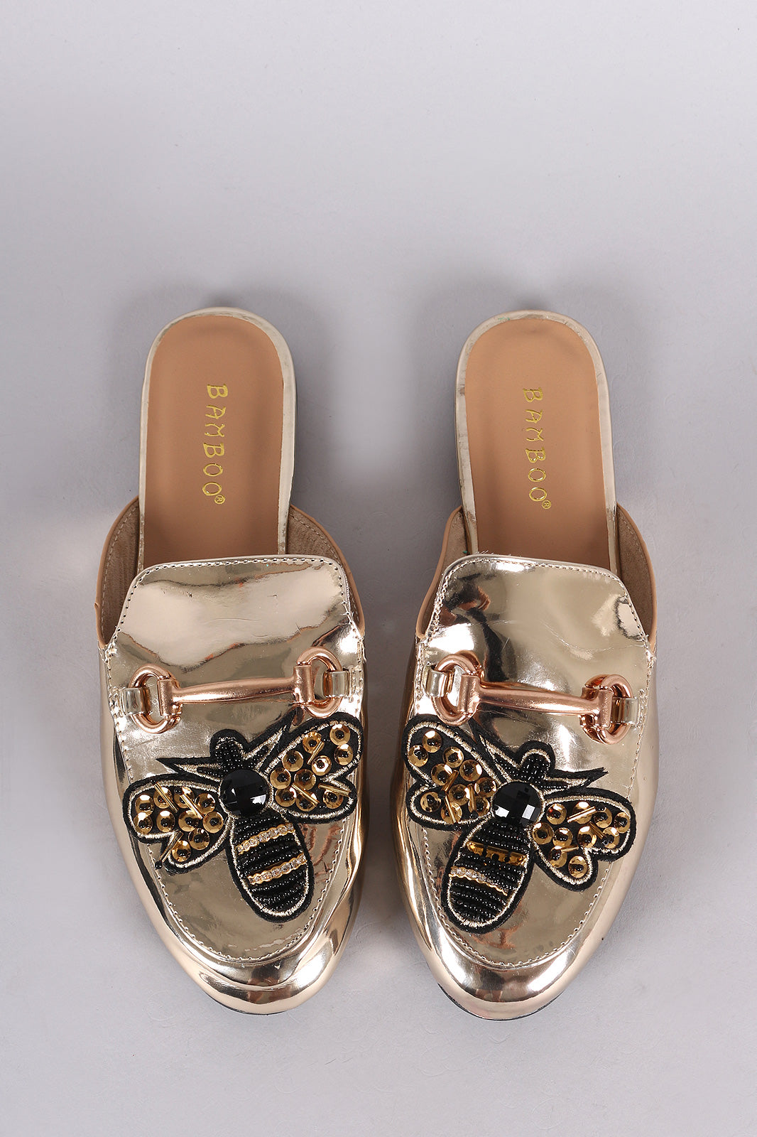Bamboo Metallic Horsebit Bee Accent Slip On Mule Flat