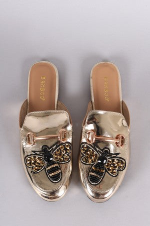 Bamboo Metallic Horsebit Bee Accent Slip On Mule Flat