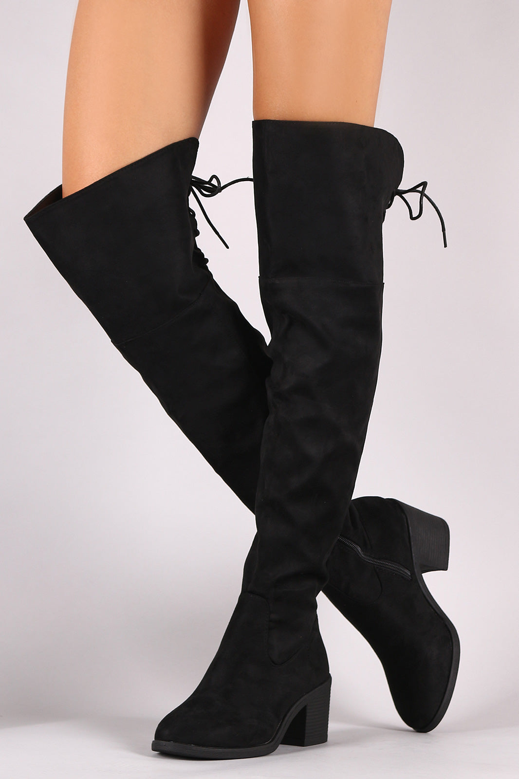 Bamboo Suede Back Lace Up Chunky Heeled Over-The-Knee Boots