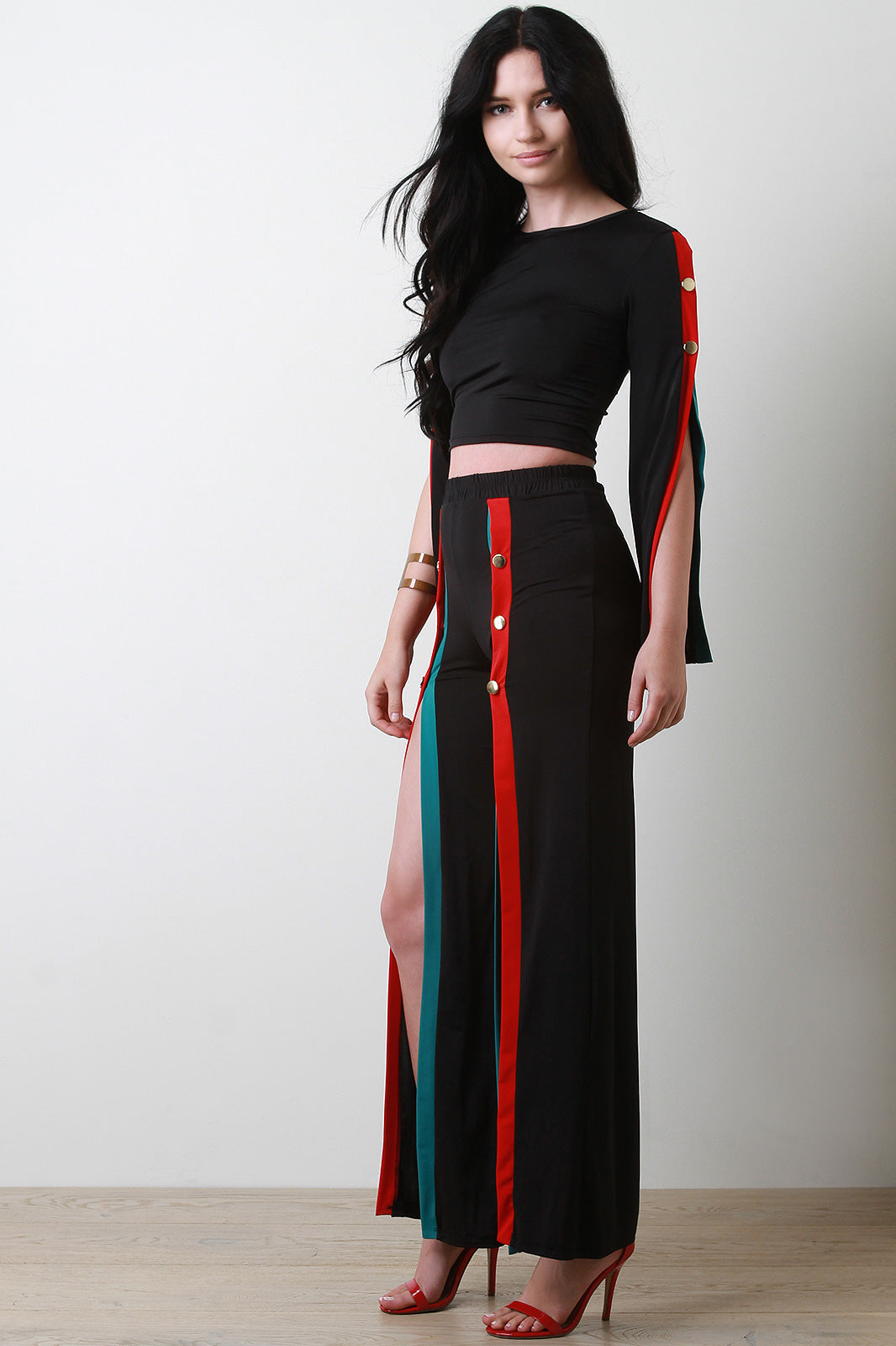 Button Accent Stripe Trim Crop Top With Slit Pants Set
