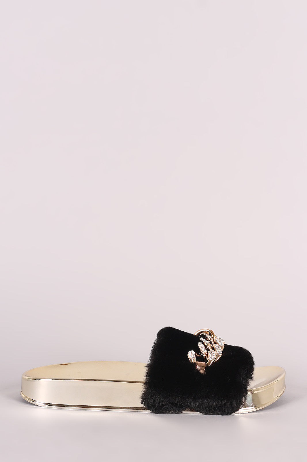 Bamboo Shiny Rhinestone Chain Faux Fur Slide Sandal
