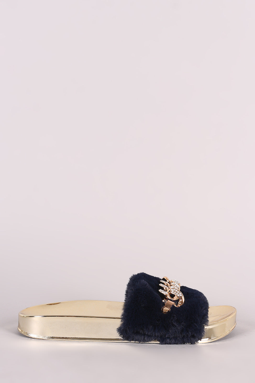 Bamboo Shiny Rhinestone Chain Faux Fur Slide Sandal