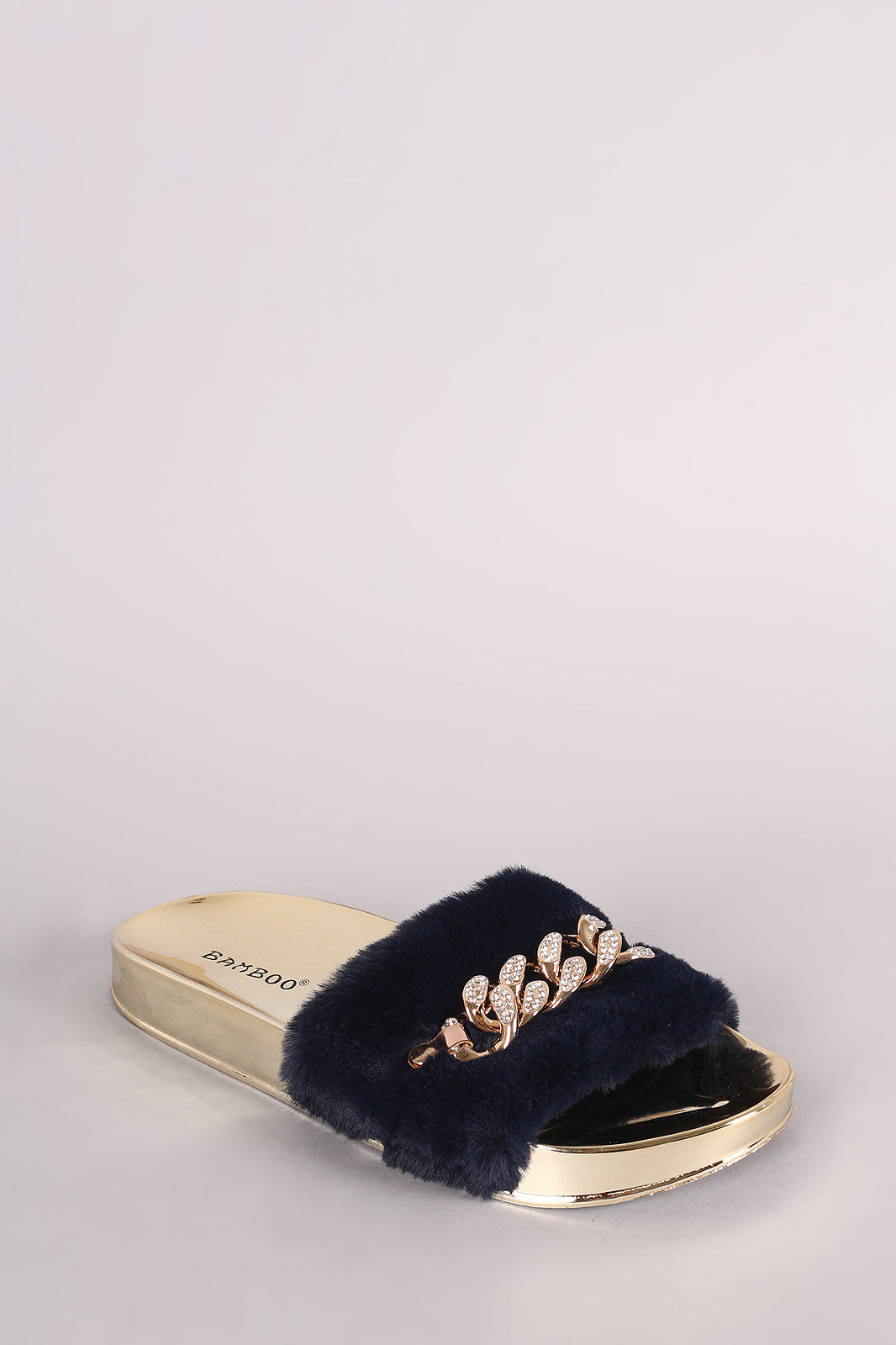 Bamboo Shiny Rhinestone Chain Faux Fur Slide Sandal