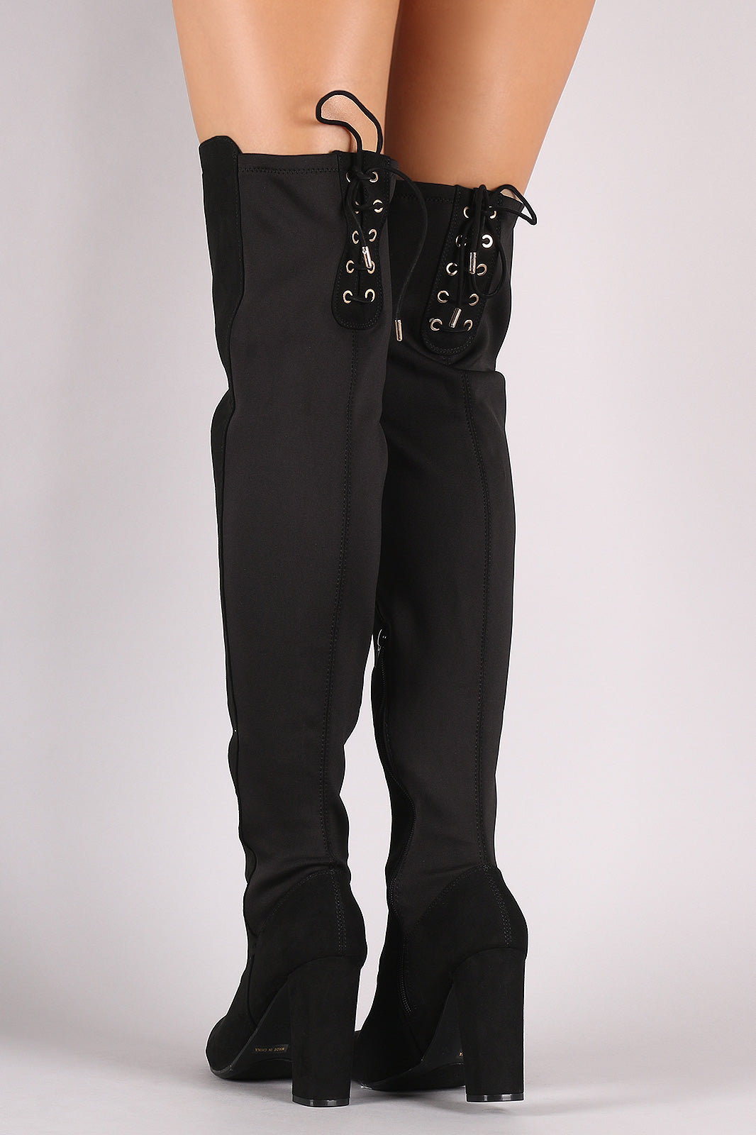 Bamboo Suede Elastane Panel Back Lace-Up Chunky Heeled OTK Boots