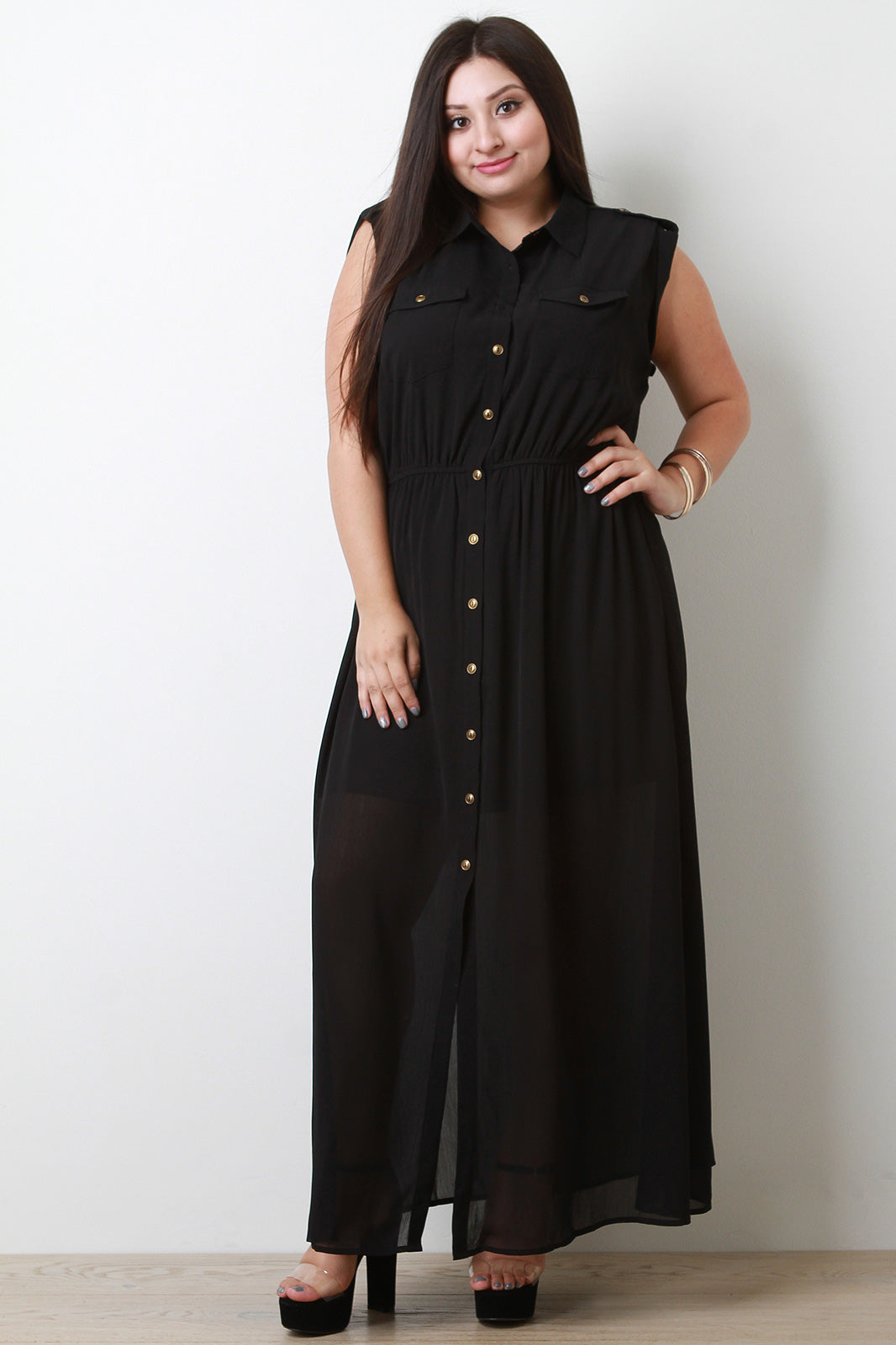 Button-Up Ruched Waist Sleeveless Maxi Dress