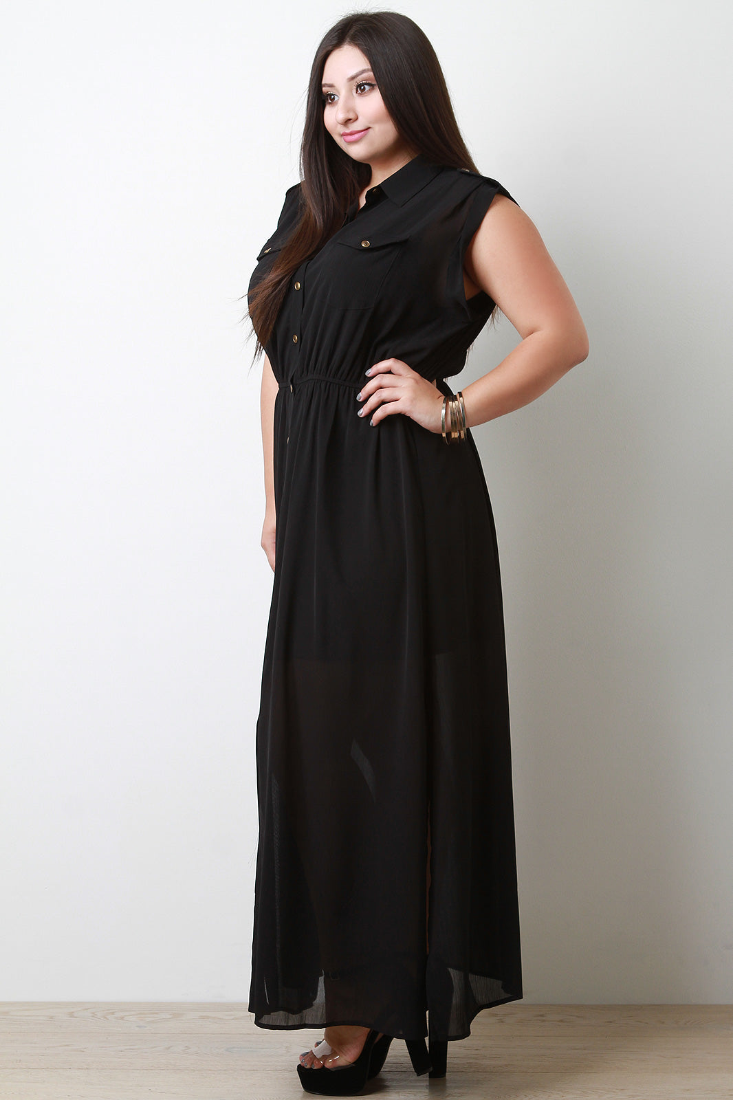 Button-Up Ruched Waist Sleeveless Maxi Dress