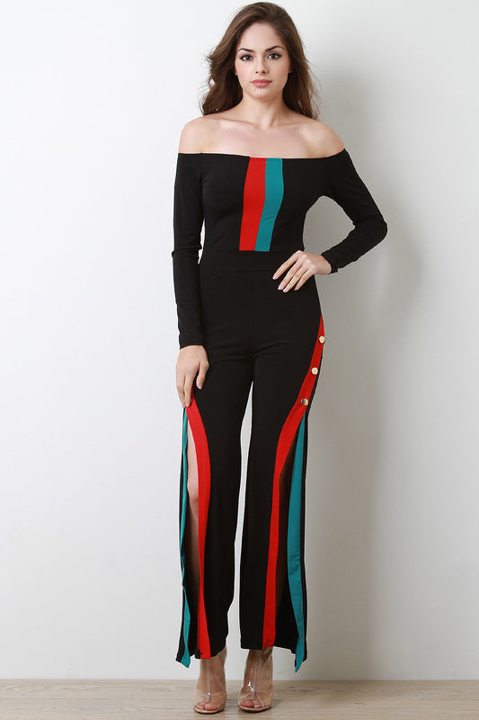 Button Accent Off-The-Shoulder Colorblock Side Slit Jumpsuit
