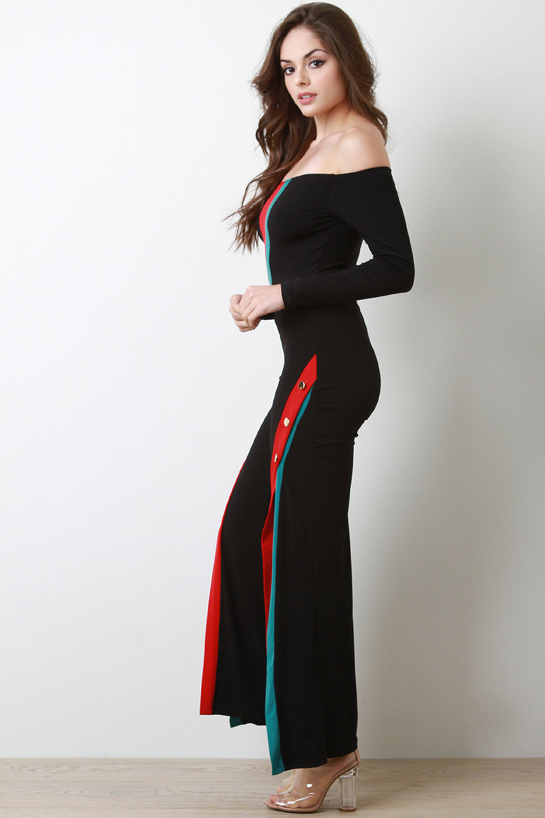 Button Accent Off-The-Shoulder Colorblock Side Slit Jumpsuit