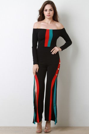 Button Accent Off-The-Shoulder Colorblock Side Slit Jumpsuit