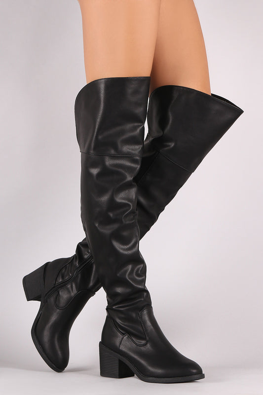 Bamboo Vegan Leather Round Toe Chunky Heeled Over-The-Knee Boots