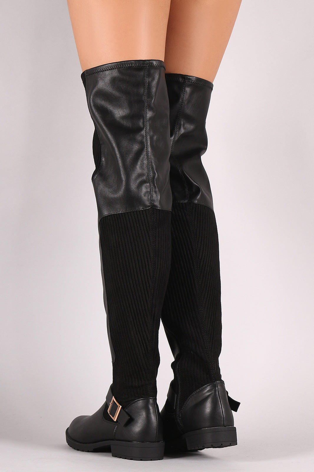 Bamboo Leather Ribbed Knit Buckled Over-The-Knee Riding Boots