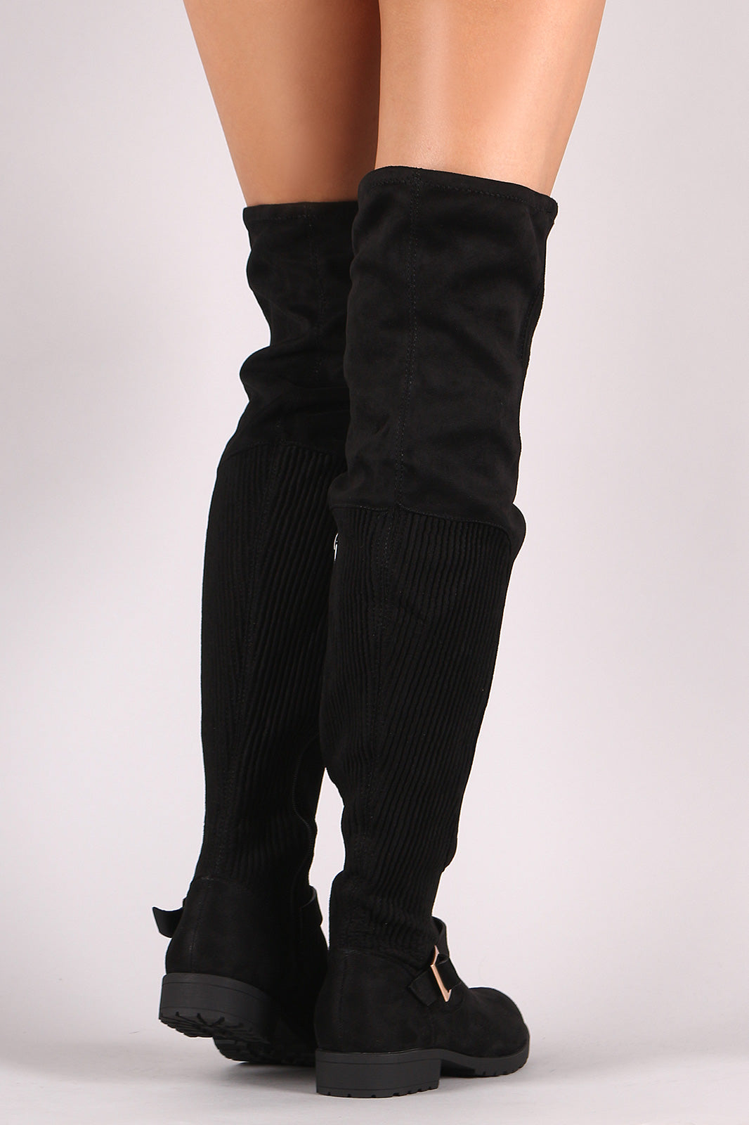 Bamboo Suede Ribbed Knit Buckled Over-The-Knee Riding Boots