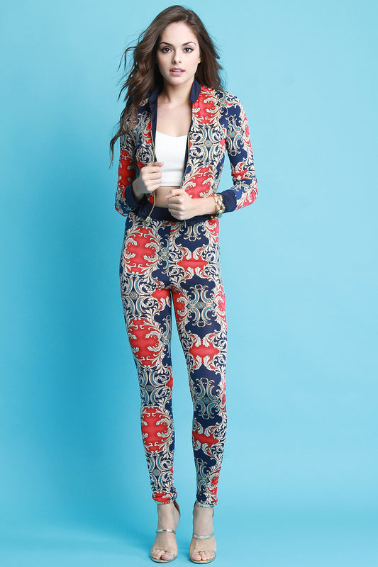 Baroque Print Jacket with High Waist Leggings Set