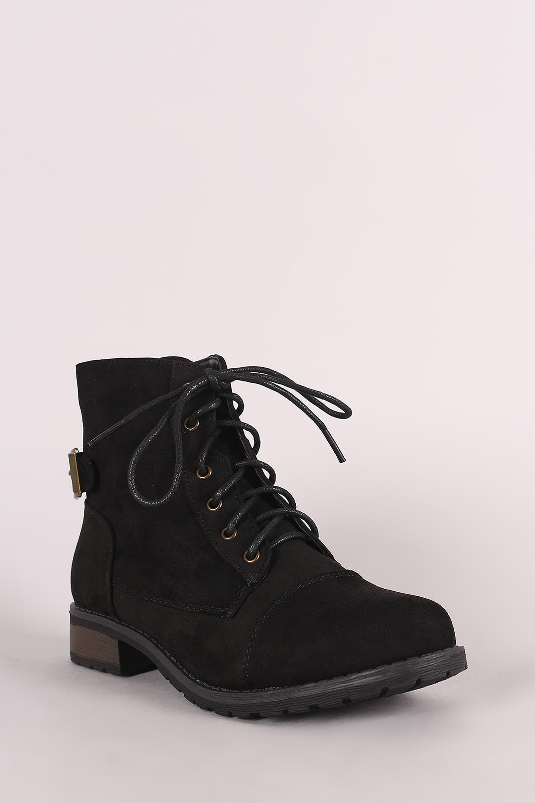 Bamboo Suede Buckled Lace-Up Combat Ankle Boots