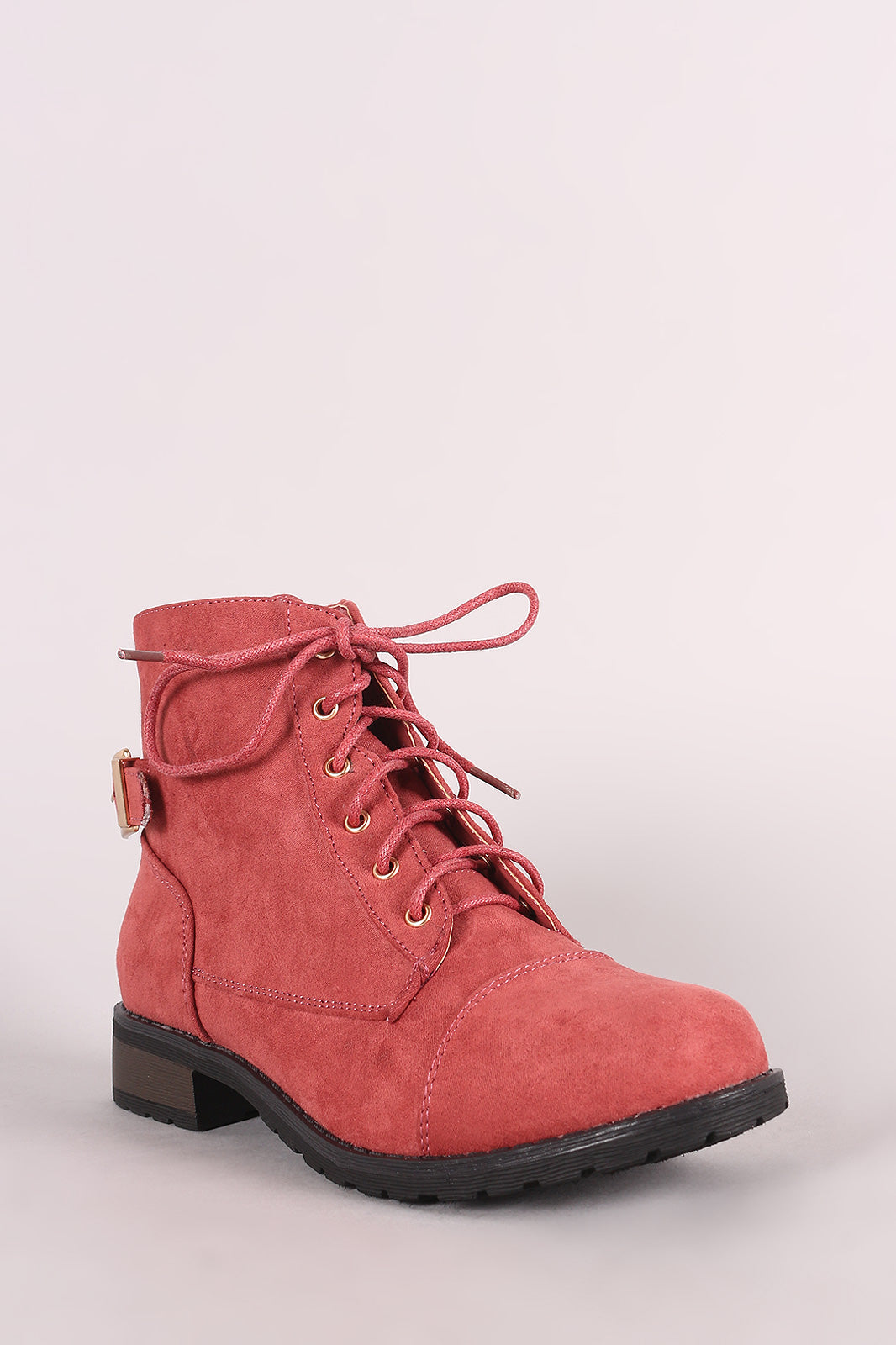 Bamboo Suede Buckled Lace-Up Combat Ankle Boots