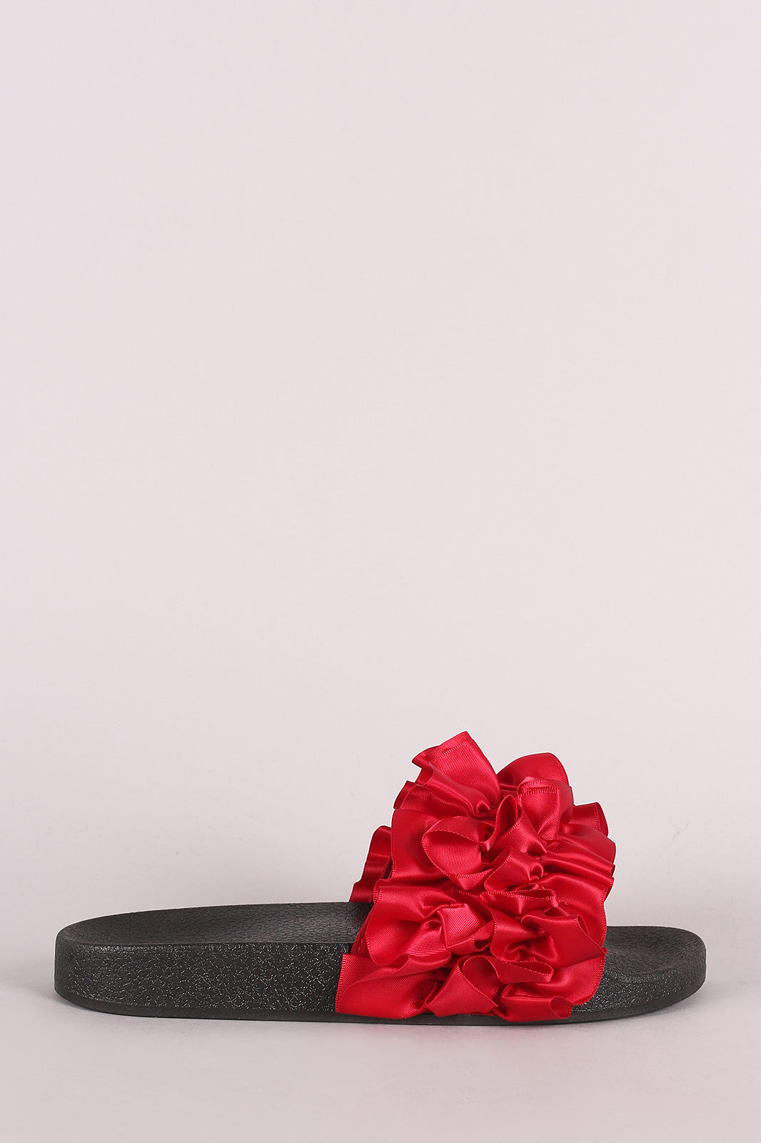Bamboo Satin Ruffled Open Toe Slide Sandal