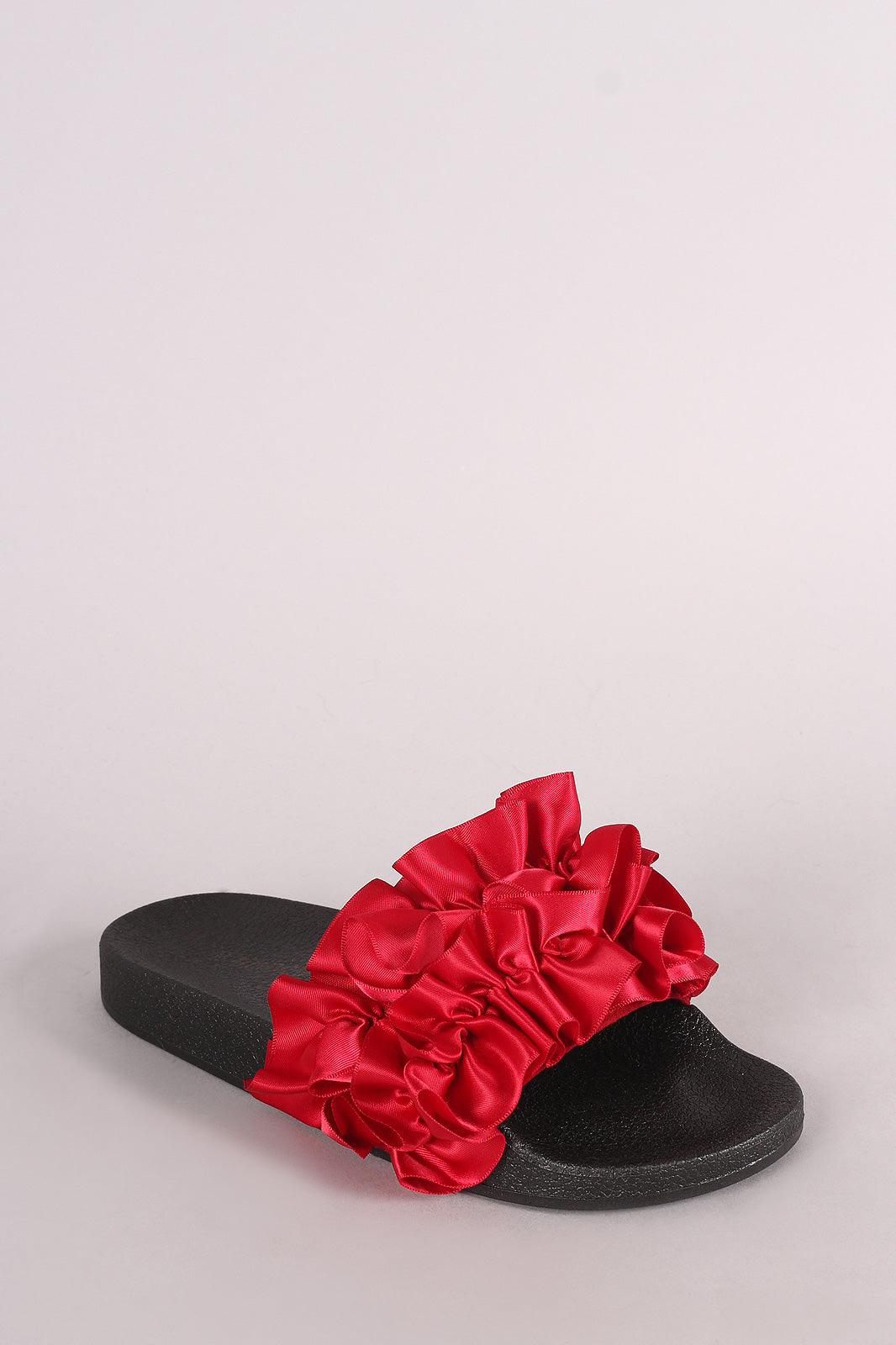 Bamboo Satin Ruffled Open Toe Slide Sandal