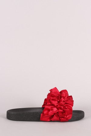 Bamboo Satin Ruffled Open Toe Slide Sandal