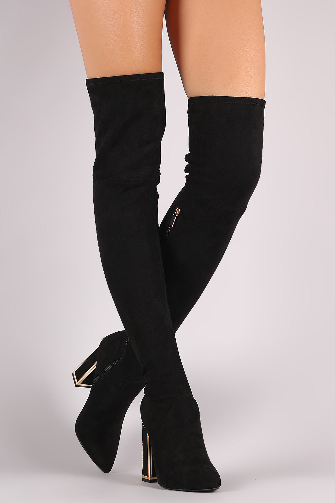 Bamboo Stretched Suede Caged Chunky Heeled OTK Boots