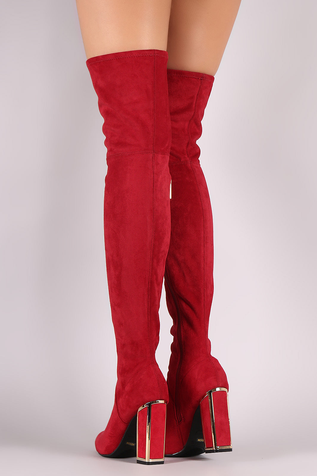 Bamboo Stretched Suede Caged Chunky Heeled OTK Boots