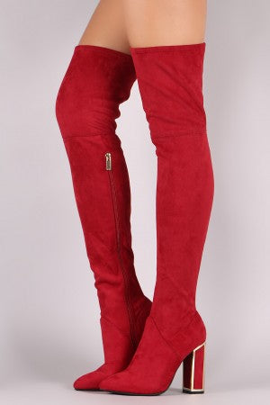 Bamboo Stretched Suede Caged Chunky Heeled OTK Boots
