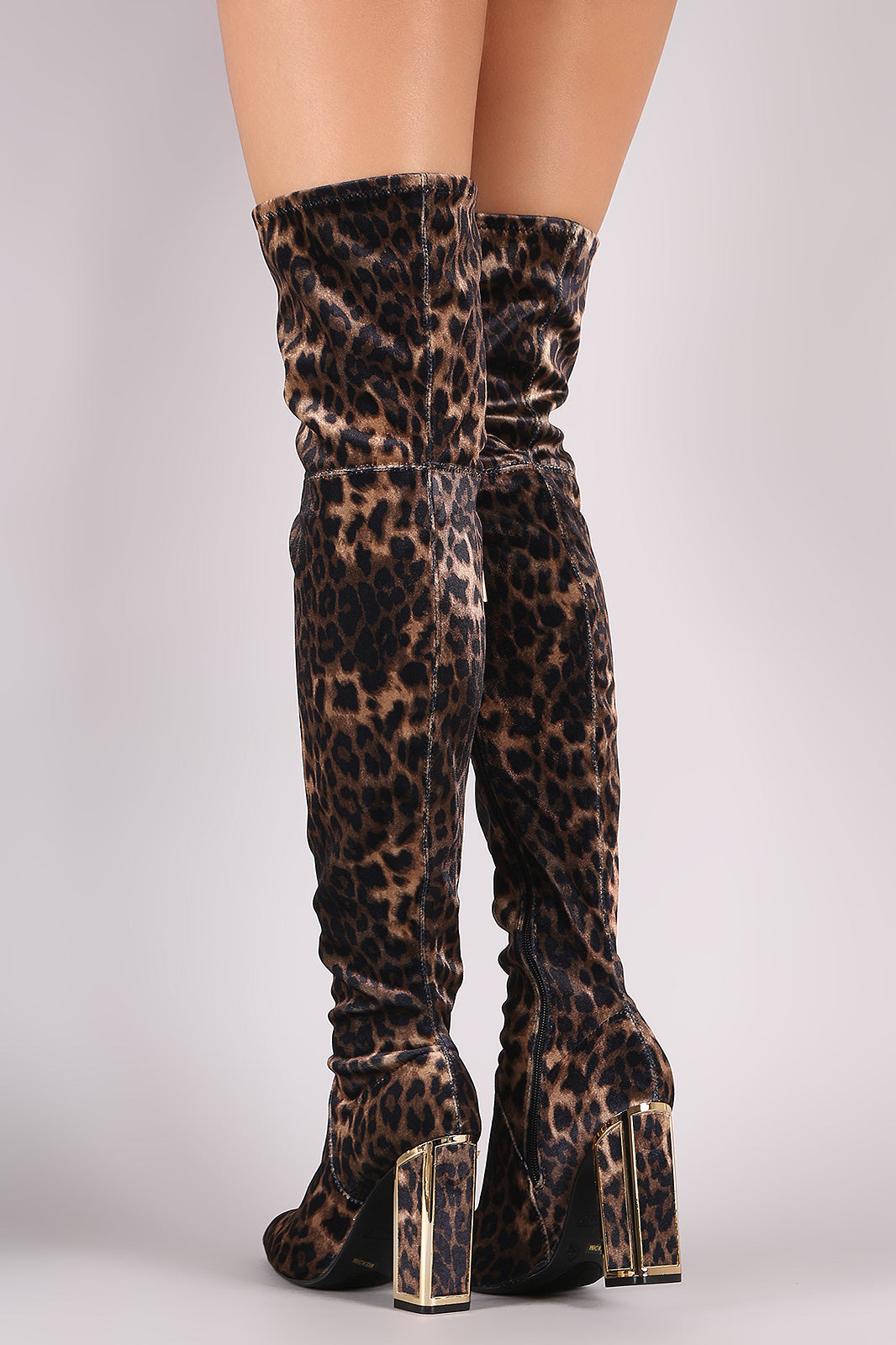 Bamboo Stretched Leopard Velvet Caged Chunky Heeled OTK Boots