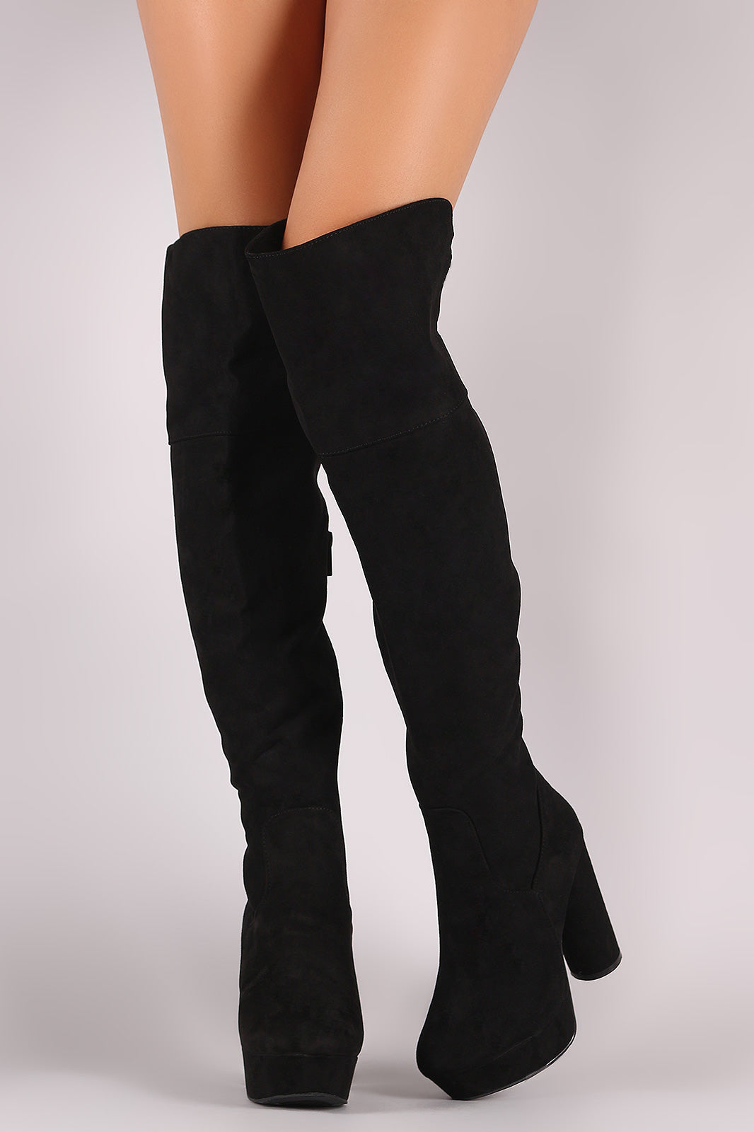 Bamboo Plain Suede Slit Platform Cylindrical Heeled OTK Boots