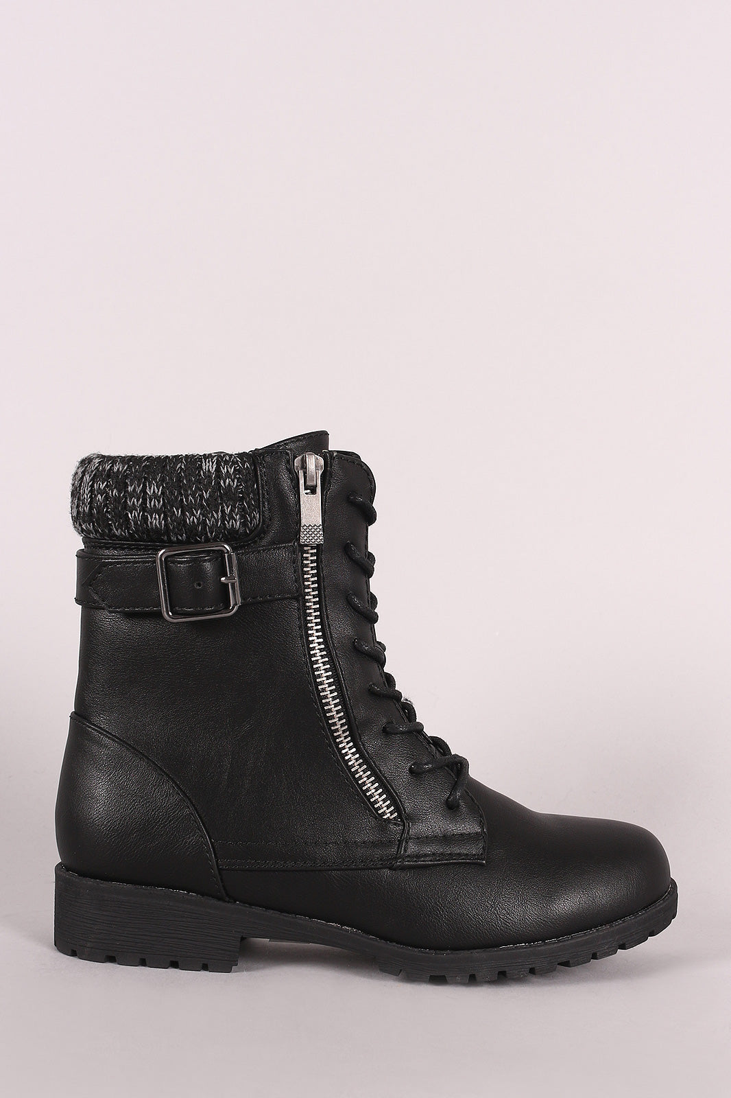 Bamboo Knit Cuff Buckle And Zipper Accent Combat Lace Up Boots