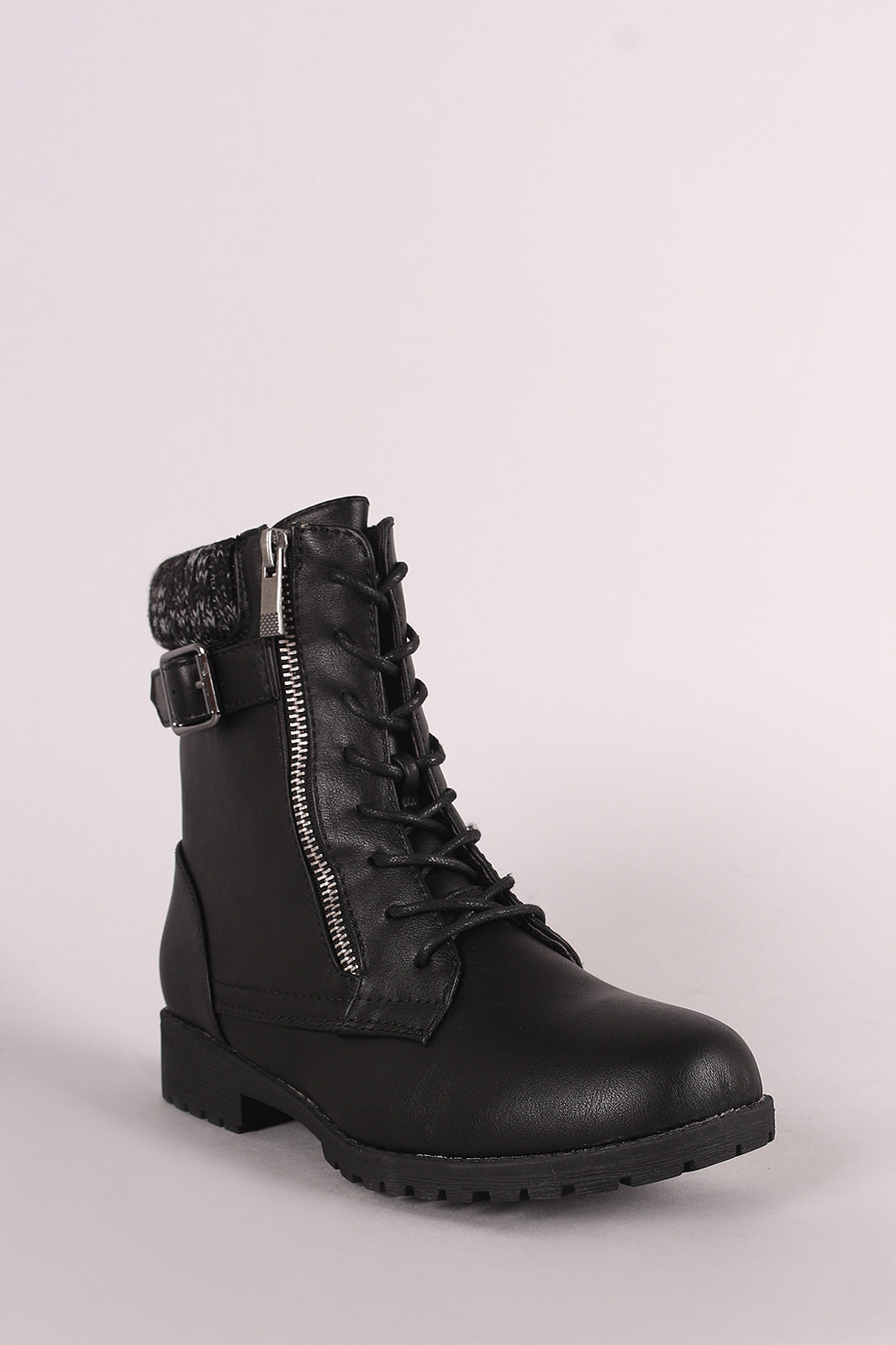 Bamboo Knit Cuff Buckle And Zipper Accent Combat Lace Up Boots