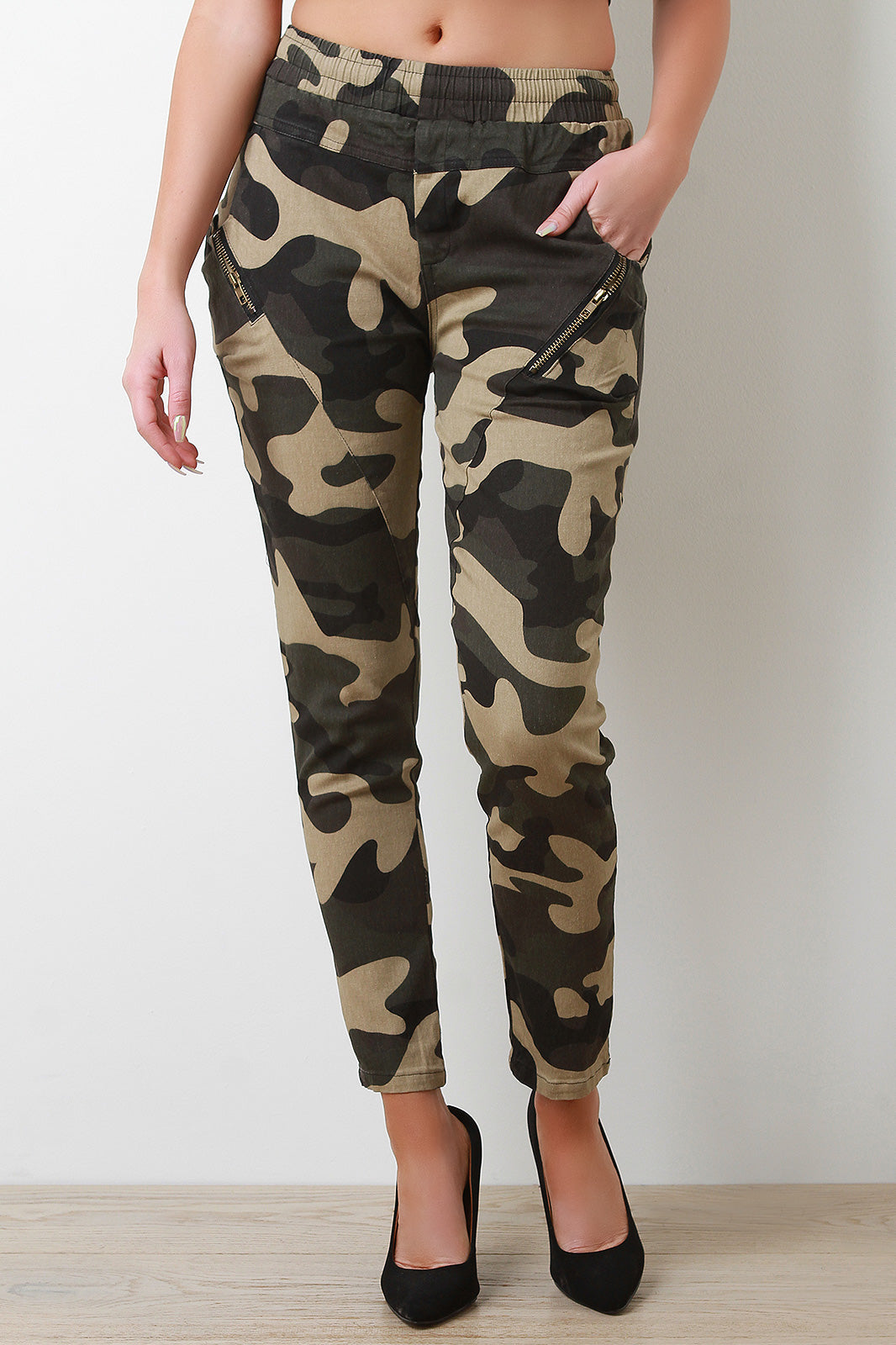 Camouflage Zipper Accent Jogger Pants