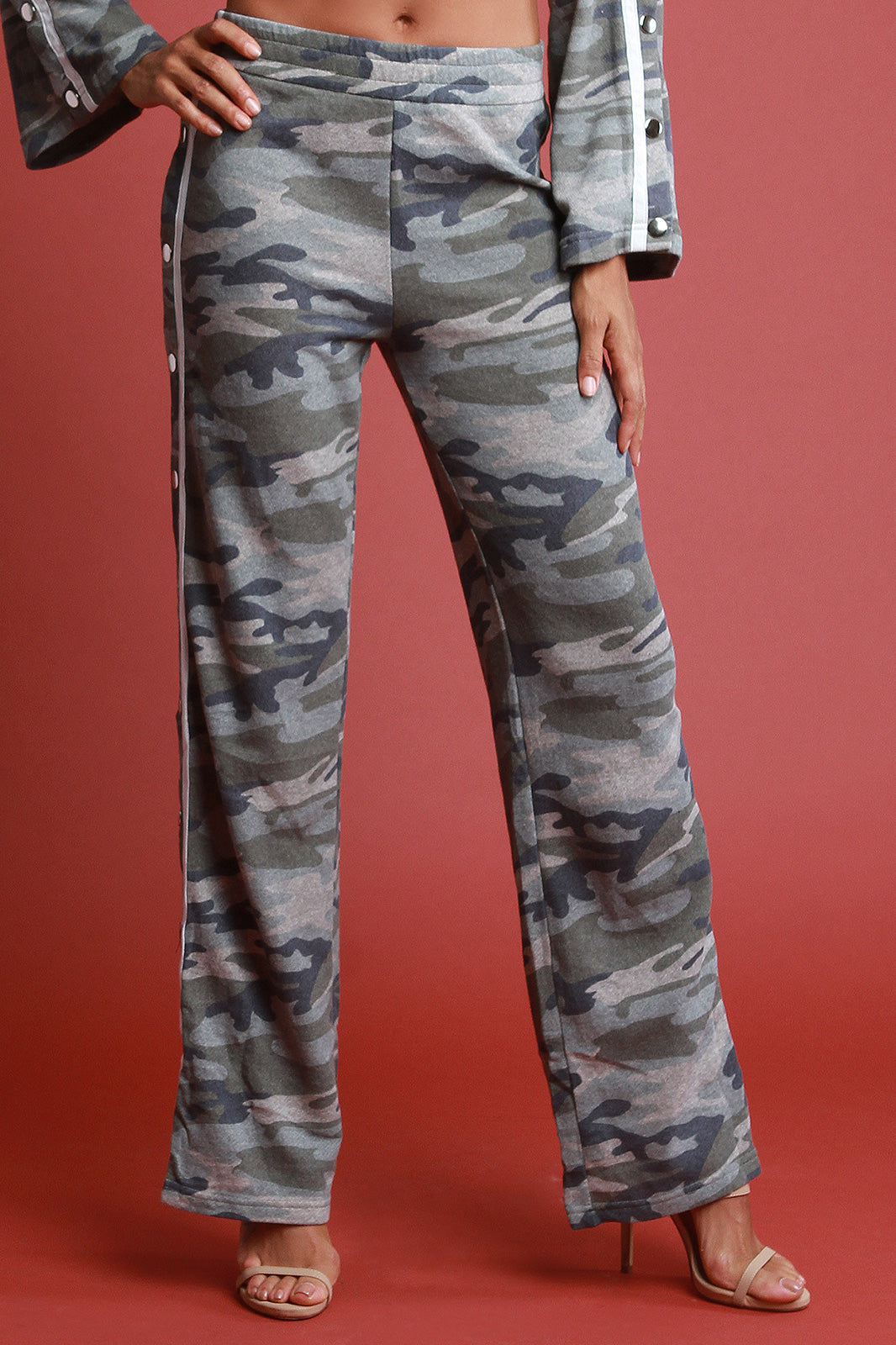Camouflage Side Snap Buttons Flared Pants