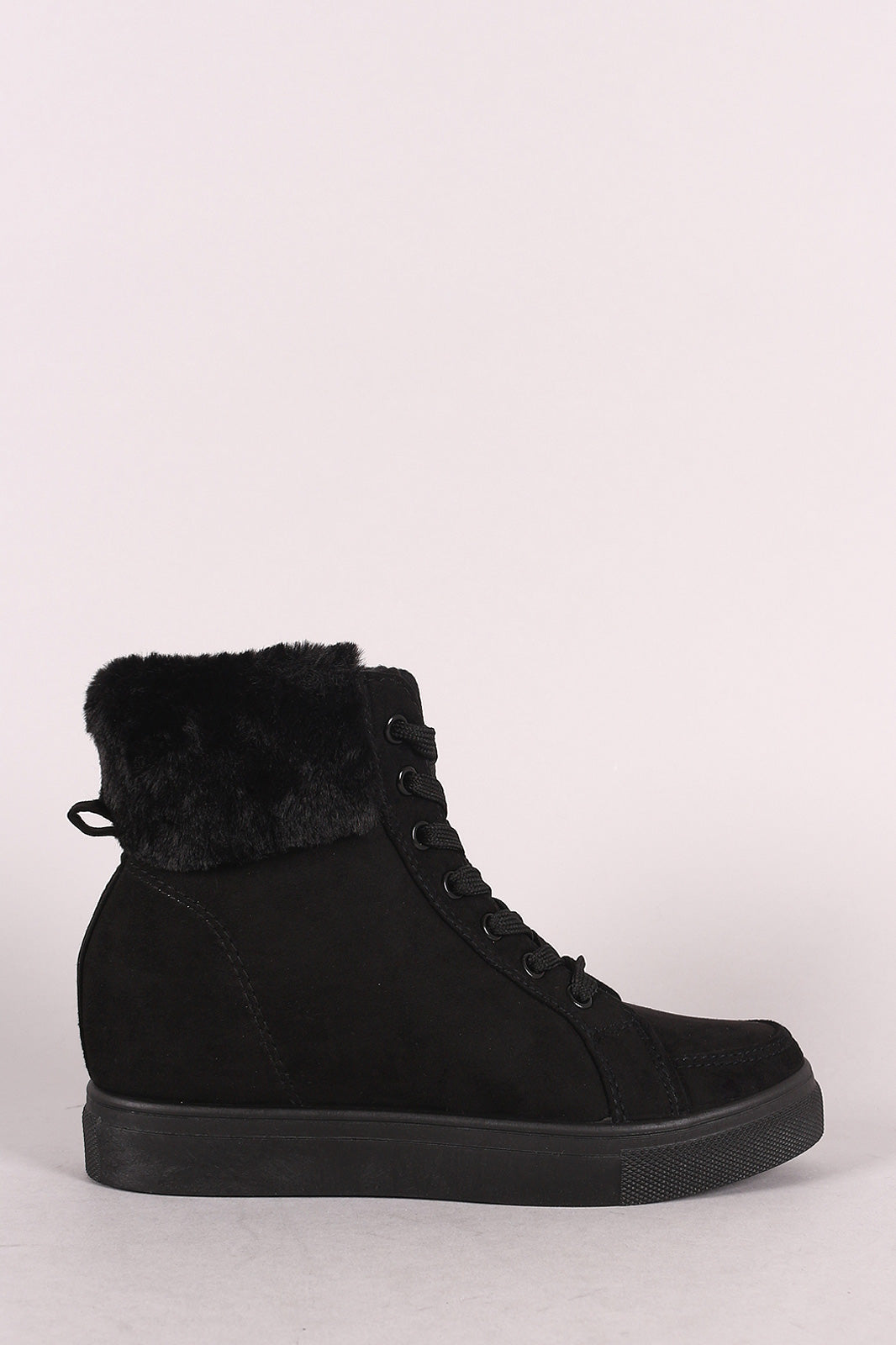 Bamboo Suede Fur Cuff Lace-Up High Top Wedge Sneaker