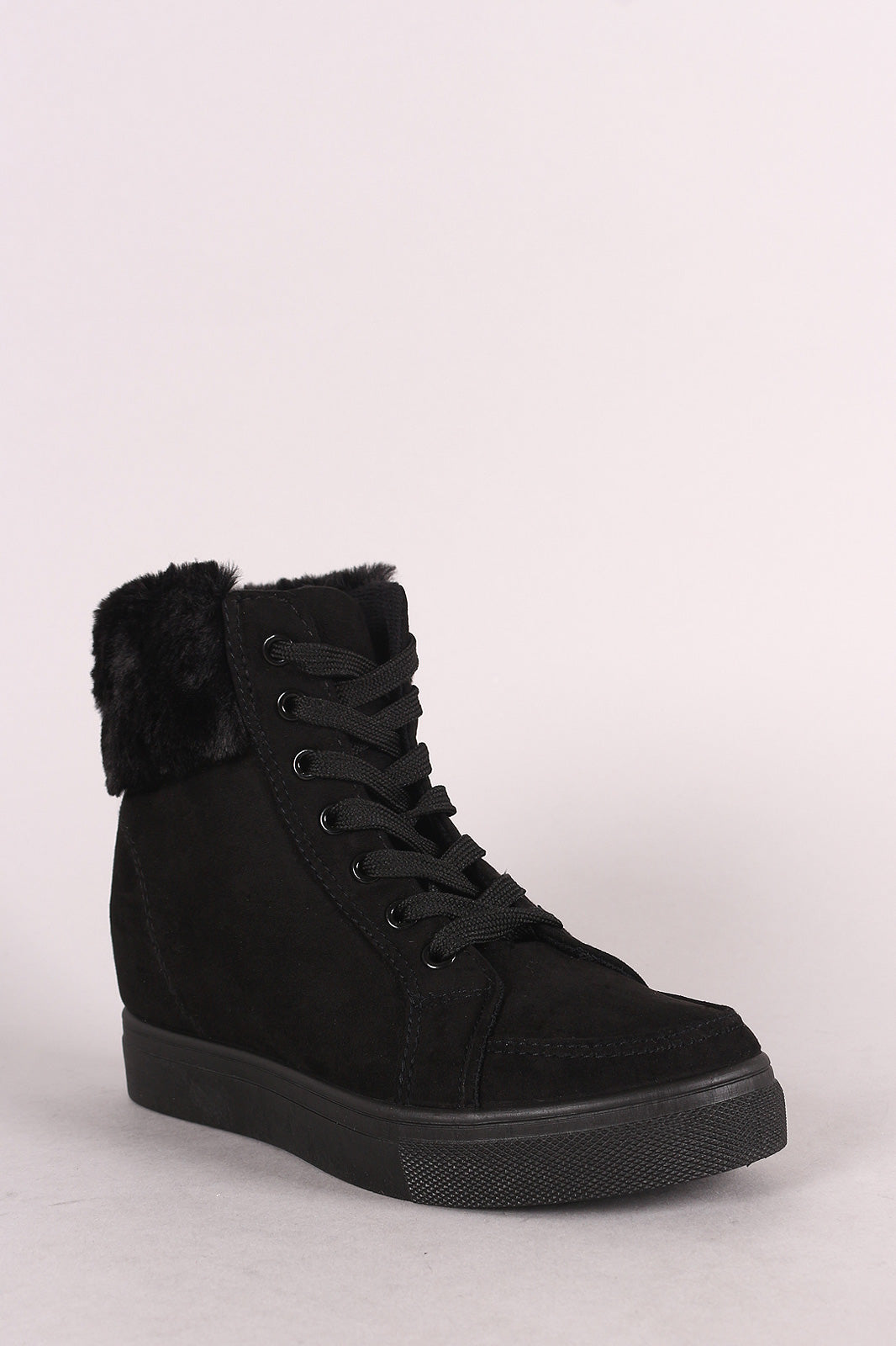Bamboo Suede Fur Cuff Lace-Up High Top Wedge Sneaker