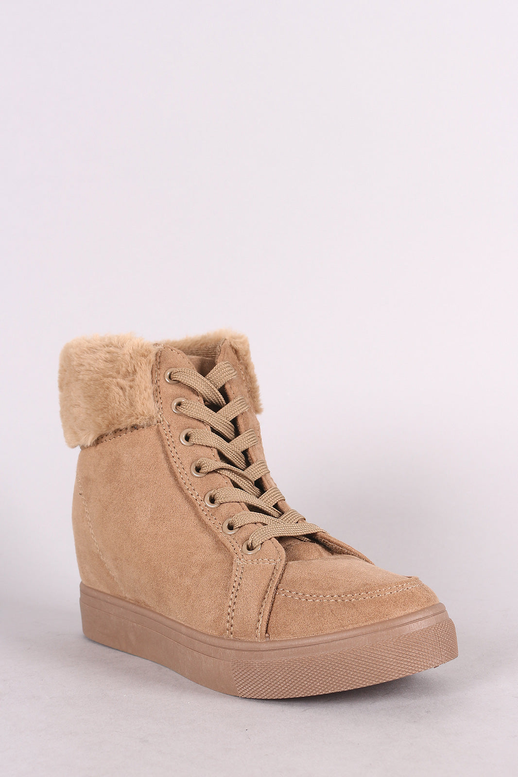 Bamboo Suede Fur Cuff Lace-Up High Top Wedge Sneaker