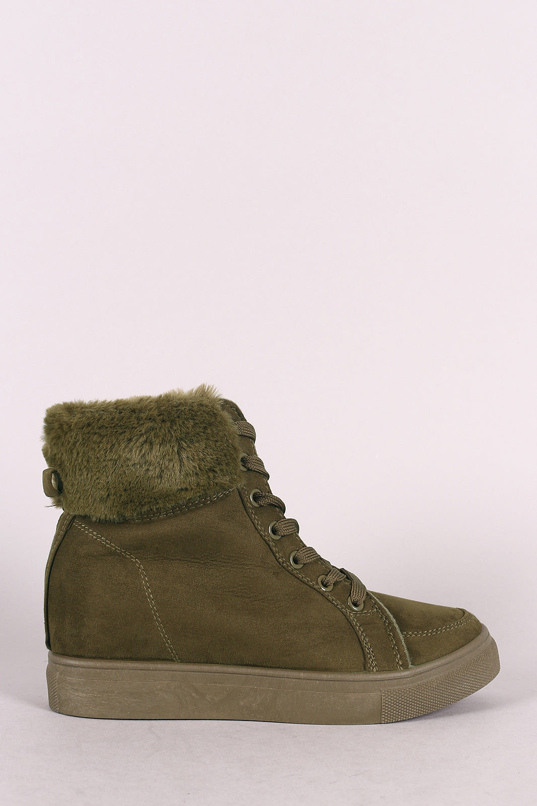 Bamboo Suede Fur Cuff Lace-Up High Top Wedge Sneaker