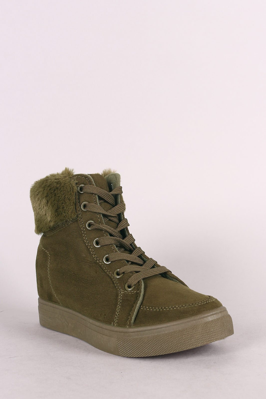 Bamboo Suede Fur Cuff Lace-Up High Top Wedge Sneaker