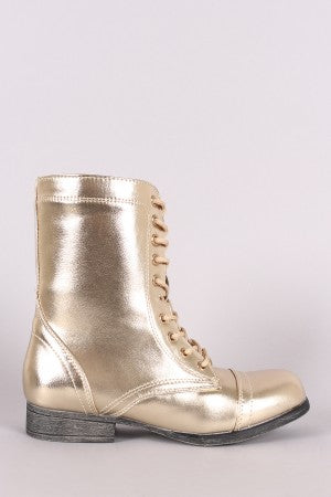 Bamboo Metallic Lace Up Combat Ankle Boots
