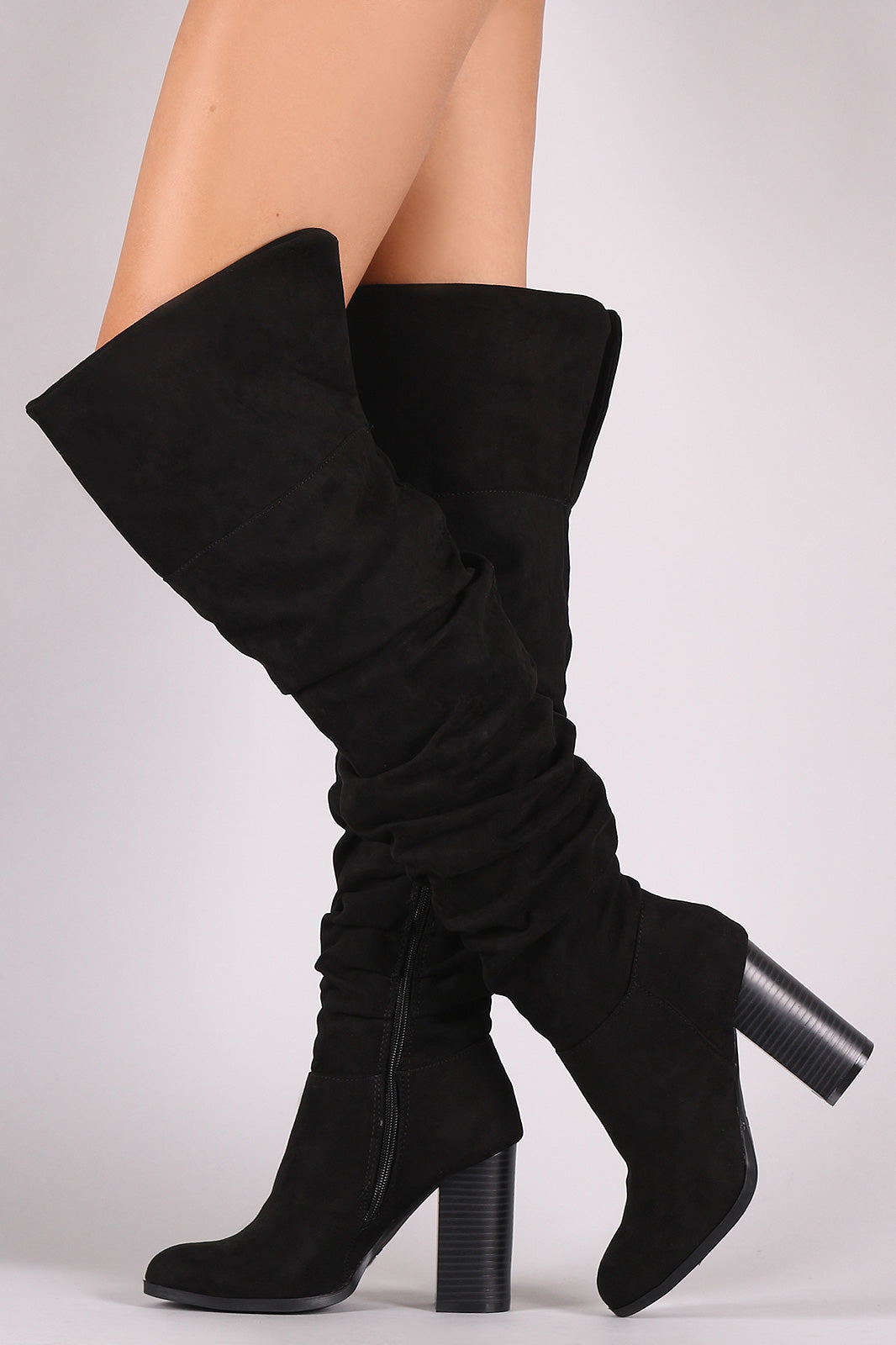 Bamboo Suede Slouchy Cuffed Chunky Heeled OTK Boots