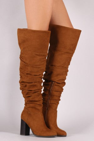 Bamboo Suede Slouchy Cuffed Chunky Heeled OTK Boots