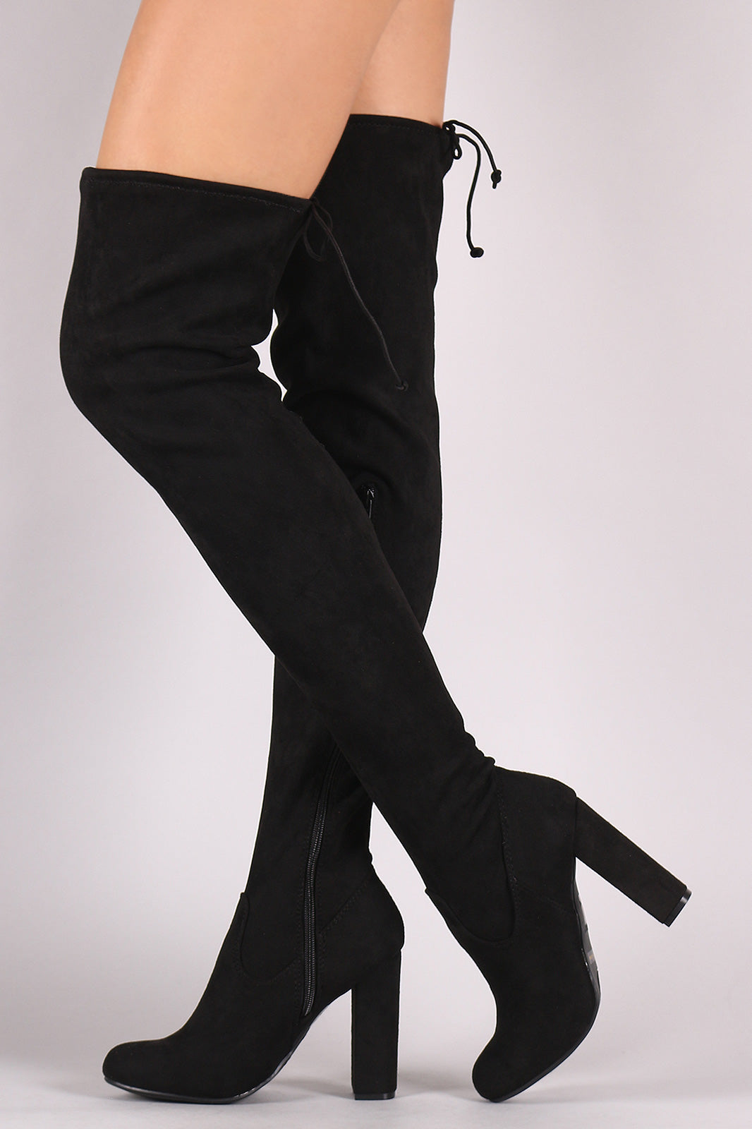 Bamboo Suede Drawstring-Tie Chunky Heeled Over-The-Knee Boots