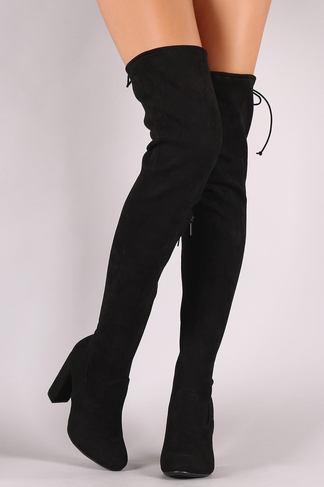 Bamboo Suede Drawstring-Tie Chunky Heeled Over-The-Knee Boots